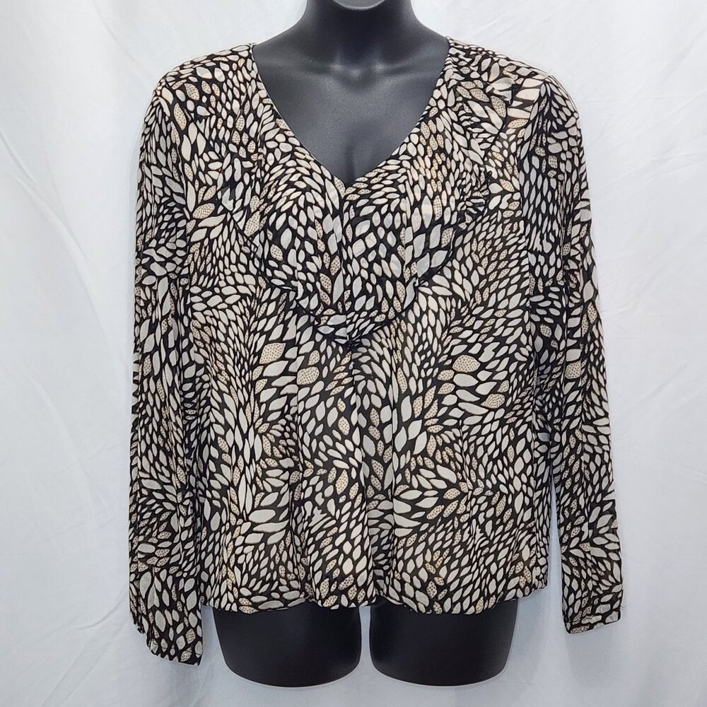 JM Collection Printed Mesh Top Womens XXL 2XL Tan Black Blouse Ruffle Neck PP08D